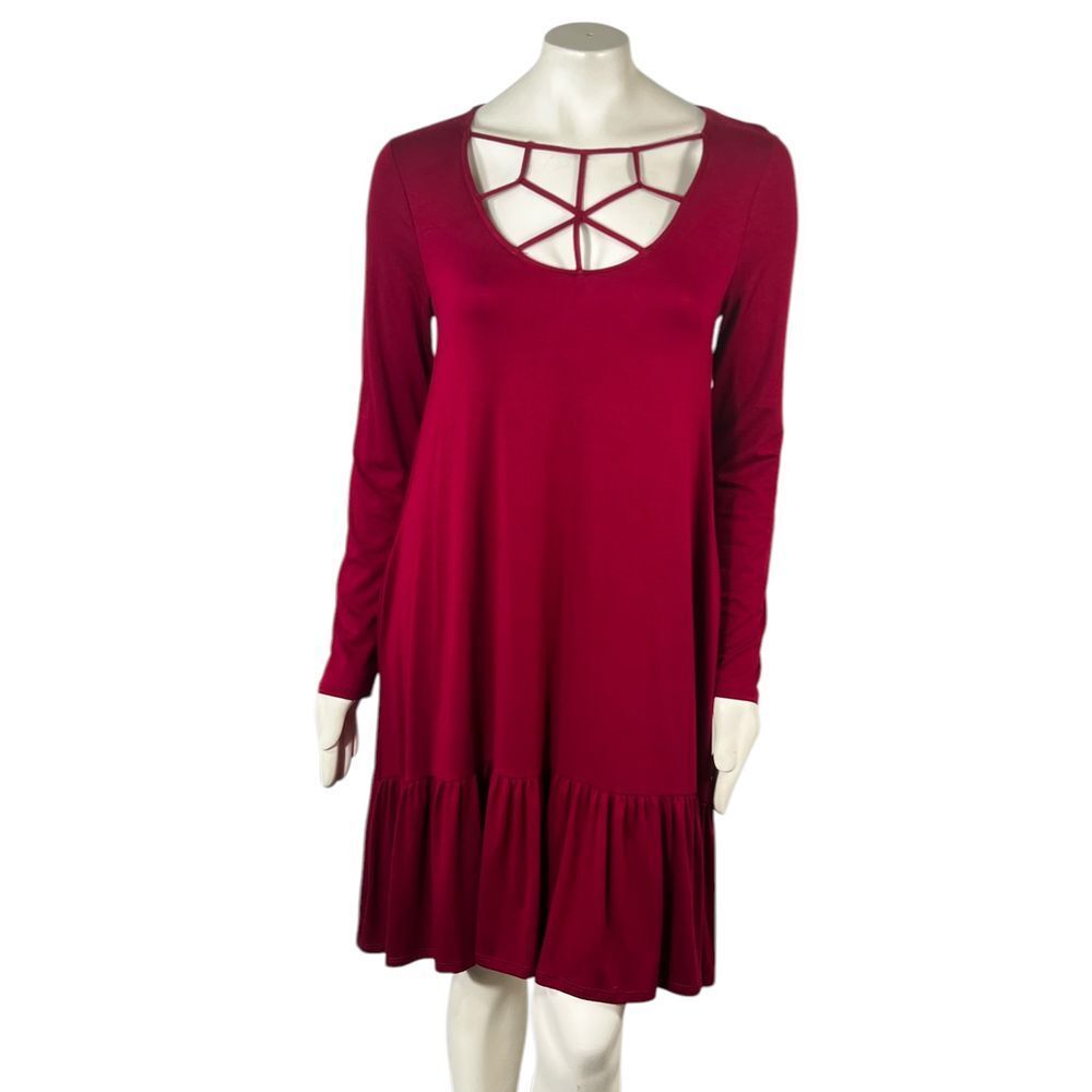 Zenana Outfitters Burgundy Long Sleeve Strappy Neckline Swing Dress Ruffle Hem M
